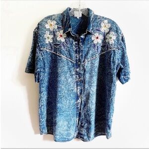 Vintage shirt blue acid wash button front sequins embellished flowers